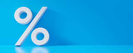 White percent sign leaning against blue wall in room with shiny floor with copy space, 3D illustrationの写真素材