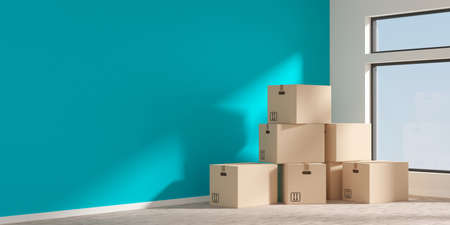 Brown moving storage cardboard boxes stacked in empty room in apartment or house with colorful wall with copy space, 3D illustrationの写真素材