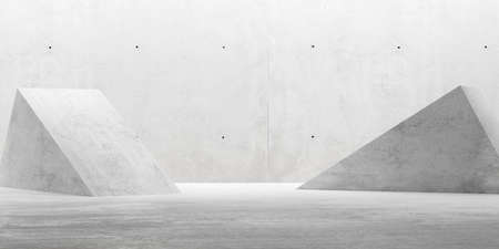 Empty modern abstract concrete room with elevated triangle platforms, product presentation template...