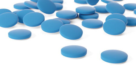 Blue pill heap over white background, medical treatment, pharmaceutical or medication concept, 3D illustrationの写真素材