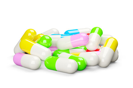 Multi colored pill capsules heap over white background, medical treatment, pharmaceutical or medication concept, 3D illustrationの写真素材