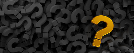 Heap of black question marks symbol with one gold question mark flat lay top view from above, question, faq or brainstorming concept, 3D illustrationの写真素材