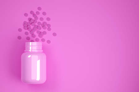 Pink pill tablets with pink pill bottle over pink background, female medical treatment, pharmaceutical or medication concept, flat lay top view from above, 3D illustrationの写真素材