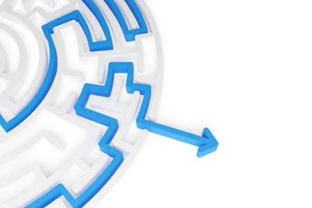 Blue path thru white maze or labyrinth over white background, success, strategy or solution concept,...
