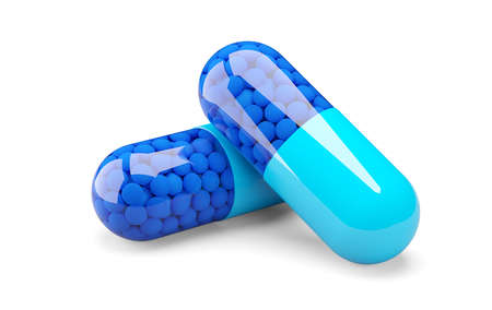 Two blue pill capsules over white background, medical treatment, pharmaceutical or medication concept, 3D illustrationの写真素材