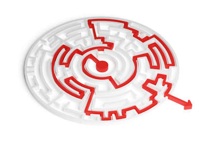 Red path thru white maze or labyrinth over white background, success, strategy or solution concept, 3D illustrationの写真素材