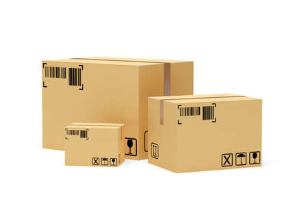 Three different sized carton cardboard boxes over white background, freight, cargo, delivery or...