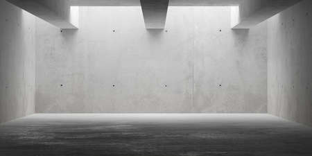 Abstract empty, modern concrete room with indirect lighting from top, ceiling beams and rough floor - industrial interior background template, 3D illustrationの写真素材