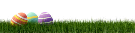 Green grass with easter eggs  border or edge wide banner isolated on white background, easter...