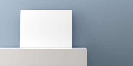 White empty poster or picture mock-up template on white sideboard in front of blue wall background,...