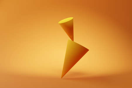 Geometrical primitive cones balancing over orange background, modern simple and minimal balance or equilibrium concept, 3D illustrationの写真素材