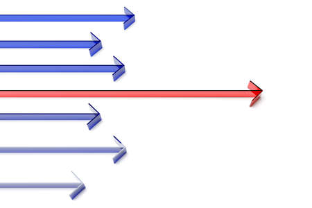 Group of arrows with one red leading over white background, teamlead, leadership, success or winner concept, 3D illustrationの写真素材