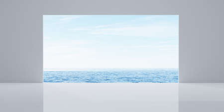 Abstract empty, modern white room with opening with ocean view on the back wall and shiny floor - industrial interior background template, 3D illustrationの写真素材