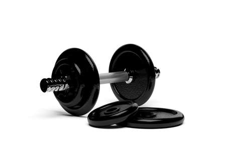 Fitness gym dumbbell with chrome handle and black plates in front over white background, muscle exercise, bodybuilding or fitness concept, 3D illustrationの写真素材