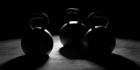 Group of fitness gym kettlebells backlit with shadow on concrete floor background, muscle exercise, bodybuilding or fitness concept, 3D illustrationの写真素材