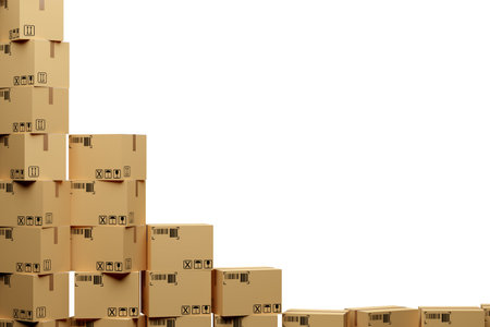 Frame or border of stacked carton cardboard boxes on whiteの写真素材