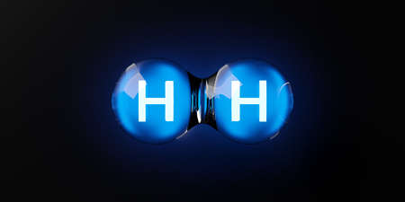 Single abstract transparent glowing hydrogen H2 molecule over dark background, clean energy or chemistry concept, 3D illustrationの写真素材