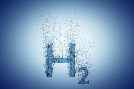 Hydrogen H2 symbol with bubbles over blue background, clean energy or chemistry concept, 3D illustrationの写真素材