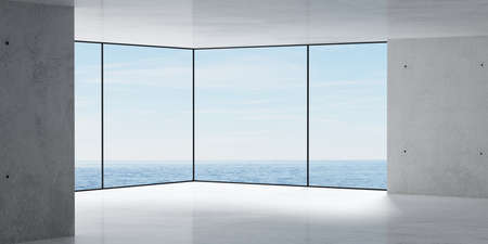 Abstract empty, modern room with concrete walls and windows with ocean view on the back wall and...