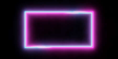 Modern futuristic abstract blue, red and pink neon glowing light double frame design in dark room background, 3D illustrationの写真素材