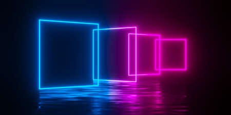 Multiple modern futuristic abstract blue, red and pink neon glowing light squares frames offset in...