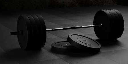 Barbell with chrome handle and black plates in front on floor on black mats background, sport, fitness, exercise or weightlift concept, 3D illustrationの写真素材