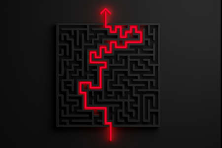 Red glowing path thru black maze or labyrinth over black background, success, strategy or solution concept, 3D illustrationの写真素材