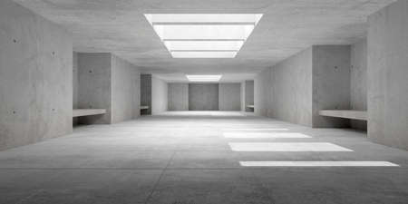 Abstract empty, modern concrete room with open ceiling and sun light from above, ceiling beams and rough floor - industrial interior background template, 3D illustrationの写真素材