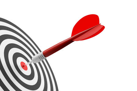 Single dart arrow hitting center of goal target over white background, success, goal achievement or...