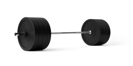 Barbell with chrome handle and black plates perspective view on white background, sport, fitness, exercise or weightlift concept, 3D illustrationの写真素材