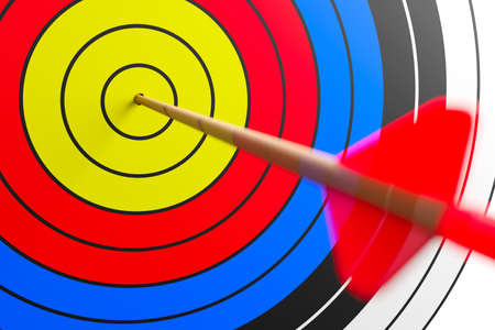 Single arrow hitting center of archery goal target over white background, success, goal achievement or performance concept, selective focus, 3D illustrationの写真素材