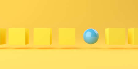 Blue sphere in row of yellow boxes on yellow background, individuality, standing out from the crowd or teamlead leadership concept, 3D illustrationの写真素材