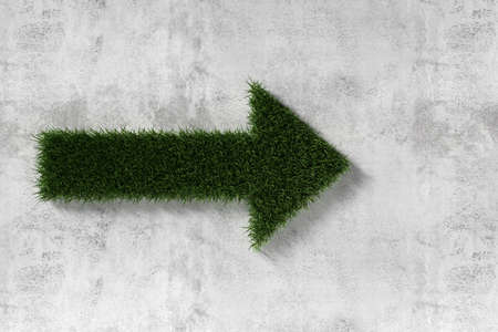Green grass arrow on concrete wall background, clean environment or development, forward thinking or nature conservation concept, 3D illustrationの写真素材