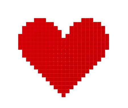 Pixelated red heart symbol made from cubes isolated on white background, video game style love...