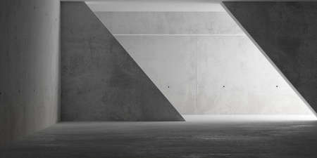 Abstract empty, modern concrete room with indirect lighting from side with diagonal walls and rough floor - industrial interior background template, 3D illustrationの写真素材