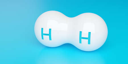 Single abstract white hydrogen H2 molecule over blue background, clean energy or chemistry concept, 3D illustrationの写真素材