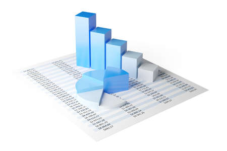 Blue pie chart and bar graph business diagrams on numbers spreadsheet over white background, financial growth, statistics or investment graph concept, 3D illustrationの写真素材