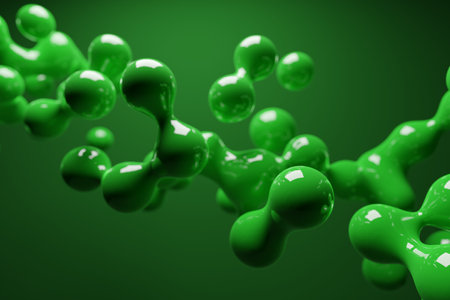Abstract green organic bubble fluid molecule shape from drops on green background, environment or ecology concept, 3D illustrationの写真素材