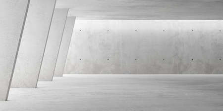 Abstract empty, modern concrete room with indirect lighting with diagonal pillar wall and rough floor - industrial interior background template, 3D illustrationの写真素材