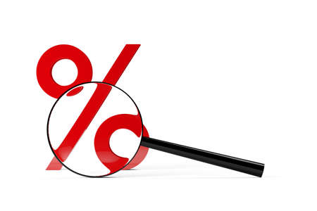 Red percent sign or symbol under magnifying glass over white background, sale or promotion concept, 3D illustrationの写真素材