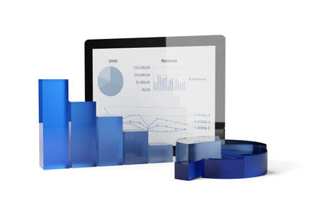 Blue glass bar and pie chart with tablet computer over white background, business or finance budget...
