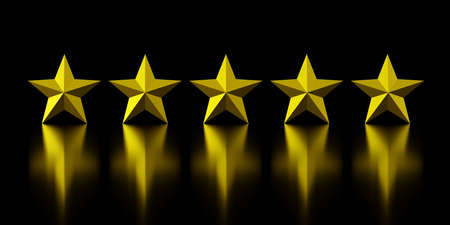 Five golden stars on black background, product or service quality rating symbol concept, 3D...