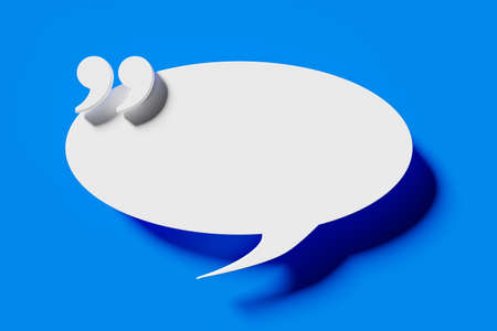 Empty, blank, round white quotation mark speech bubble on blue background, quote, speech or message...