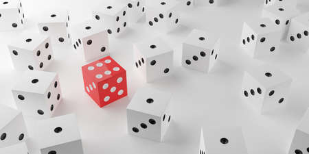 White dice showing number one with one red dice showing number six over white background, standing out from the crowd, creativity or leadership business concept, 3D illustrationの写真素材