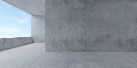 Abstract empty, modern concrete room with balcony opening with ocean view on the left and rough floor - industrial interior background template, 3D illustrationの写真素材