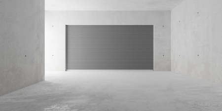 Empty modern abstract concrete room with rolling gate on back wall and rough floor, product presentation template background, 3D illustrationの写真素材