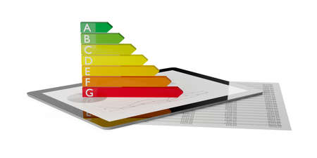 European energy classification label on tablet pc with data sheet and diagram on white background,...