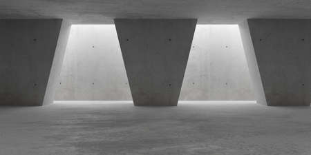 Abstract empty, modern concrete walls room with indirect lit backwall from top, sloped pillars and...