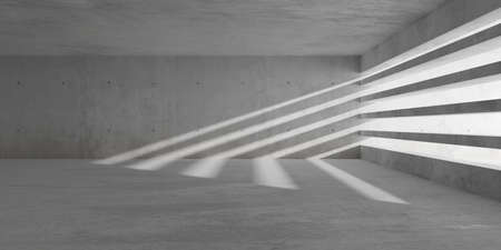 Abstract empty, modern concrete walls room with sunlight through right wall openings and rough floor - industrial interior background template, 3D illustrationの写真素材