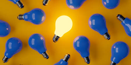 Single glowing lightbulb in group of blue bulbs over orange background, creativity, uniqueness or standing out concept, 3D illustrationの写真素材